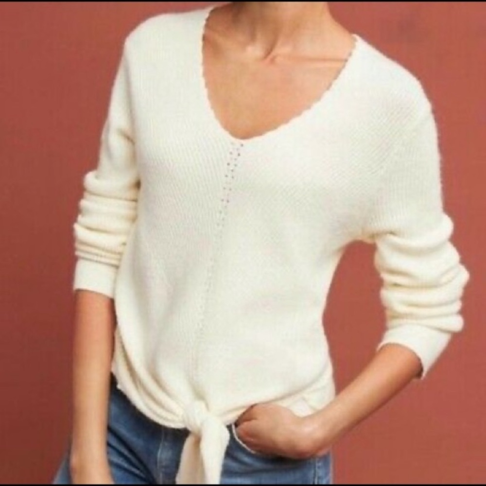 Anthropologie Moth Cream Ribbed Tie Front Sweater